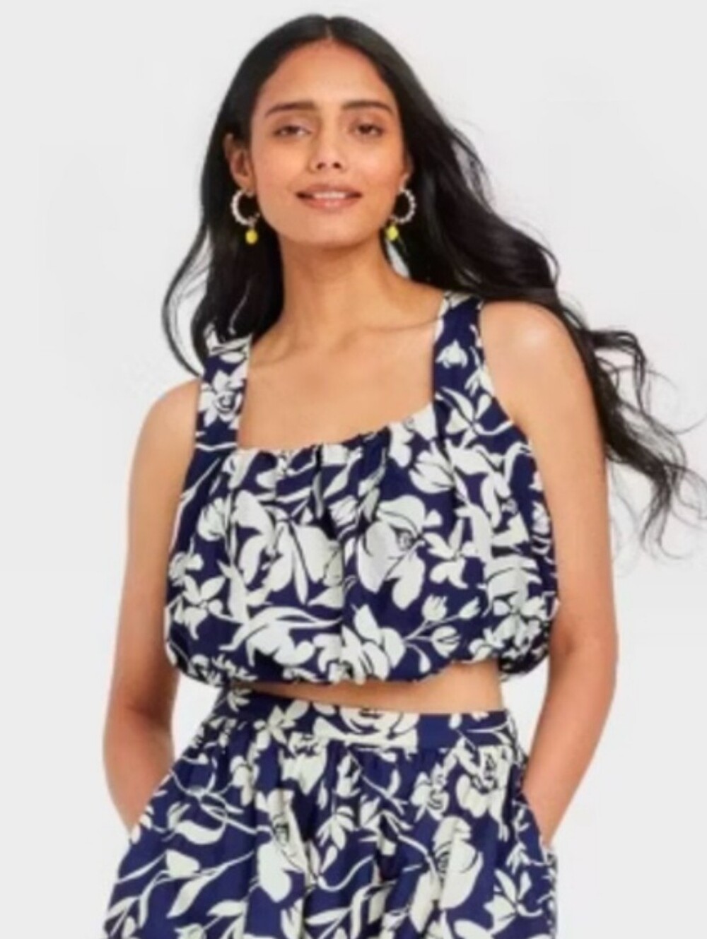 A New Day navy/white floral crop top  playful bubble hem and a square Neckline